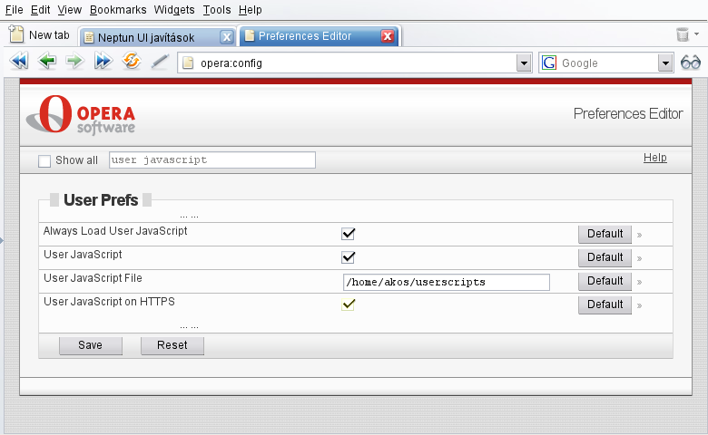 Opera beállítása - Allow user scripts on HTTPS